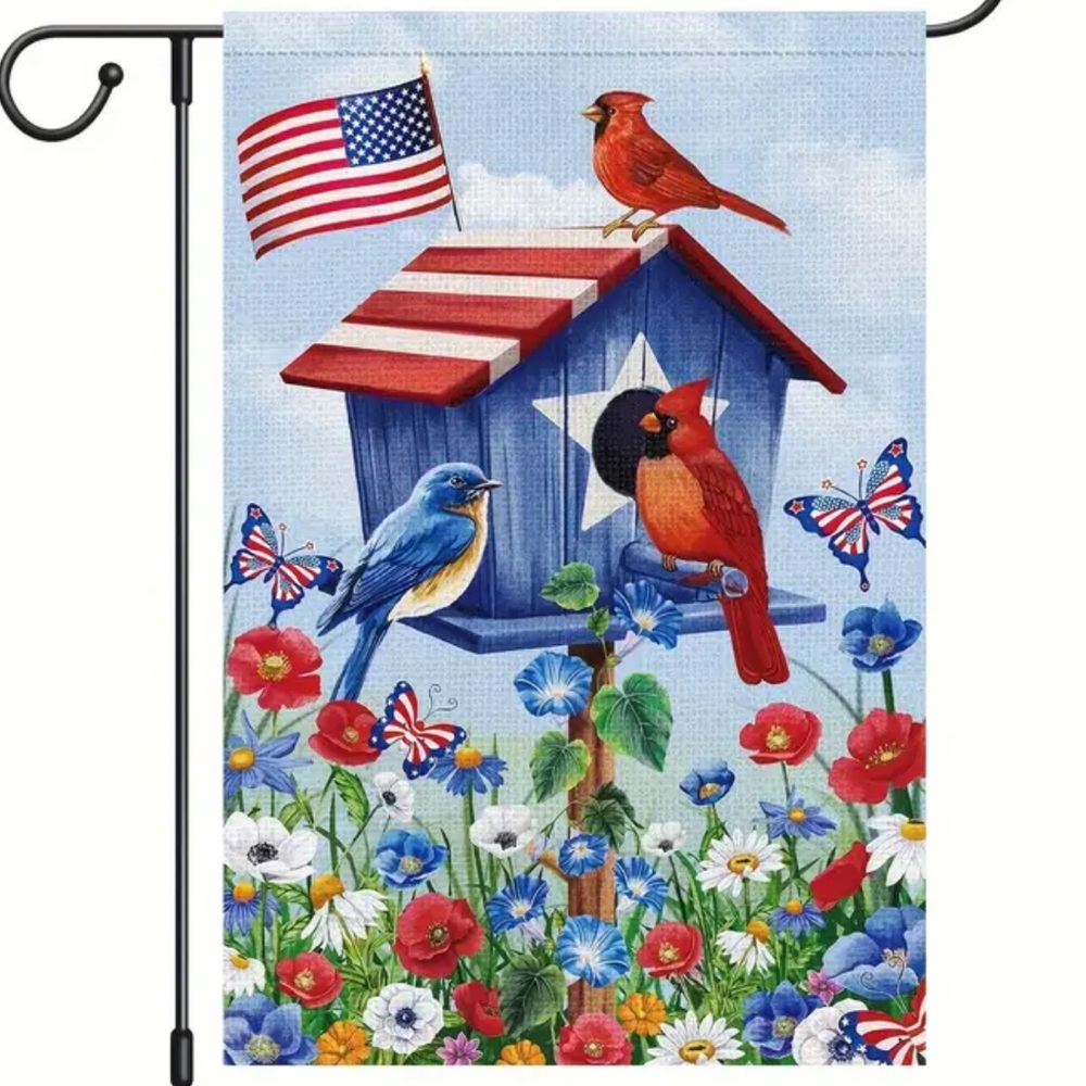 NIP Burlap Double Sided Garden Flag  1pc, 12” x 18” 4th of July Birds Cardinals